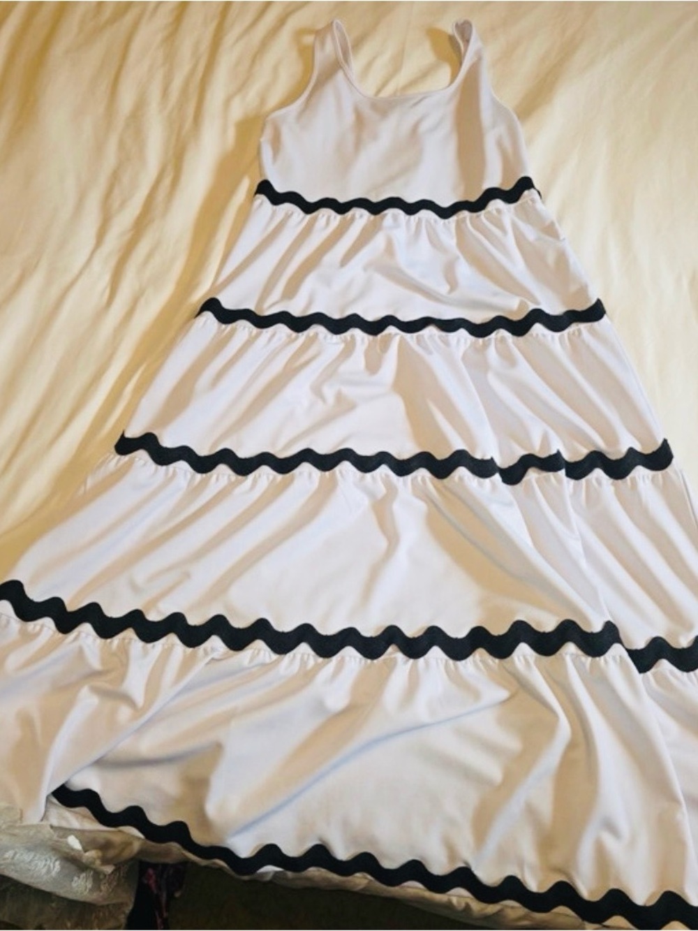 Pretty Garden Dress White Maxi Dress with Black Wavy Trim